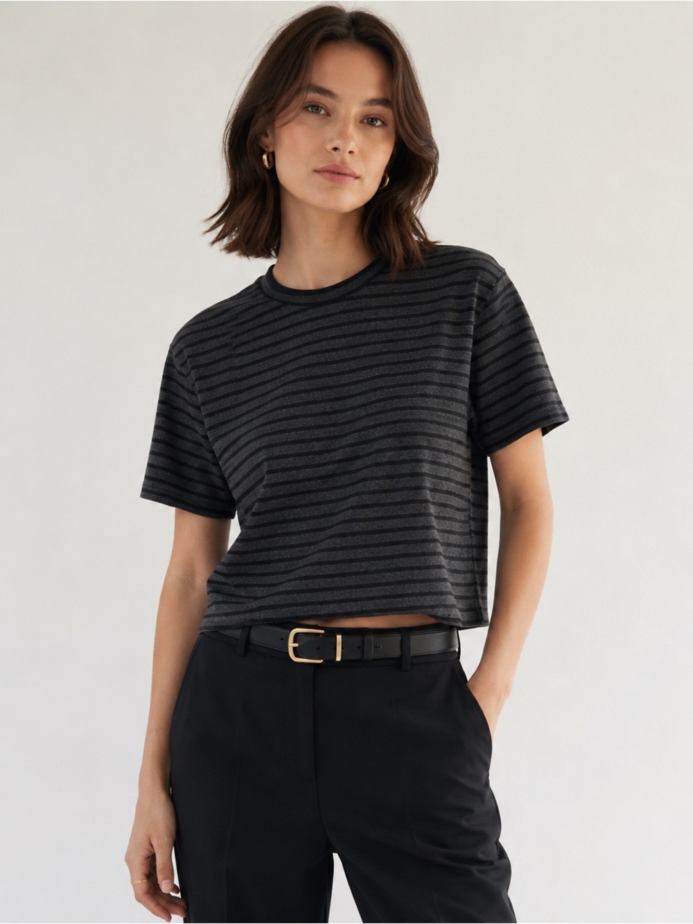 LE BOP Striped Cropped T Shirt Top Womens S Gray Black Made in USA Viscose Blend